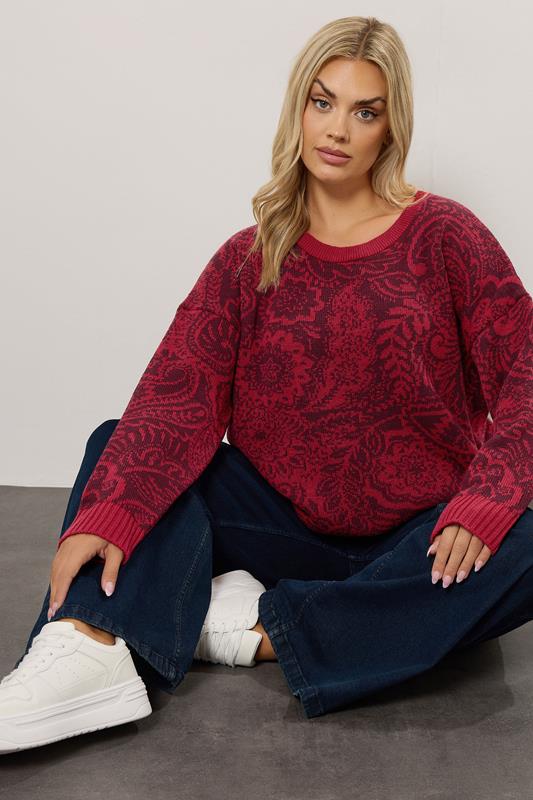 evans YOURS Curve Burgundy Red Paisley Knitted Jumper