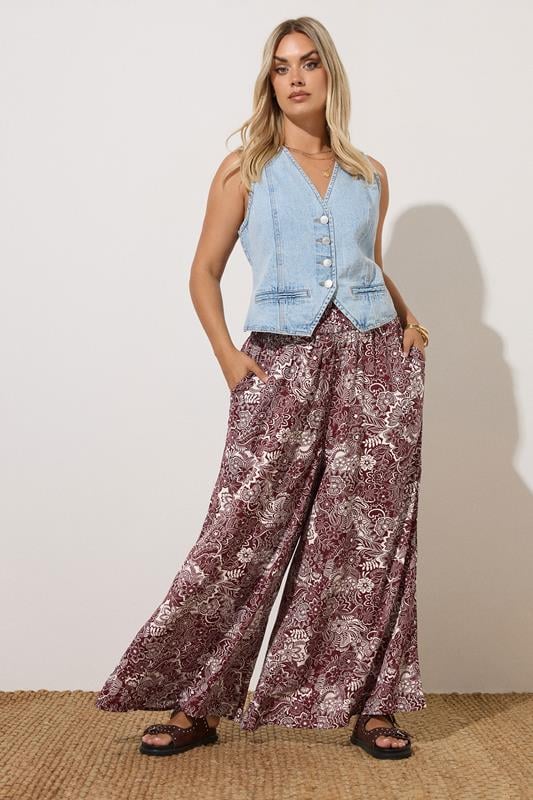 Evans YOURS Curve Burgundy Red Paisley Print Wide Leg Trousers
