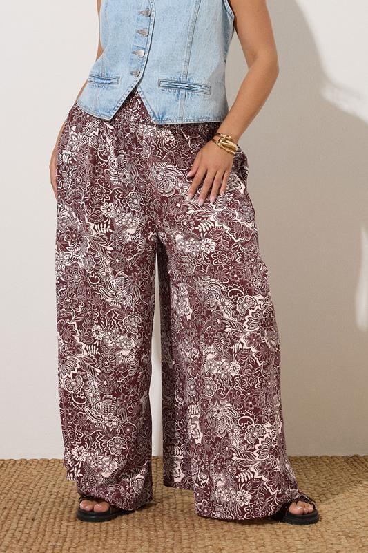 evans YOURS Curve Burgundy Red Paisley Print Wide Leg Trousers