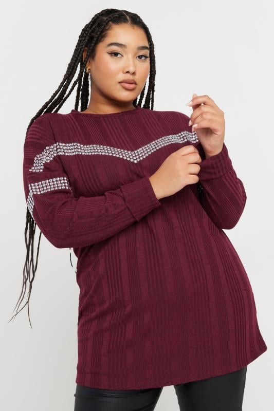 Evans YOURS Curve Burgundy Red Ribbed Chevron Stud Jumper