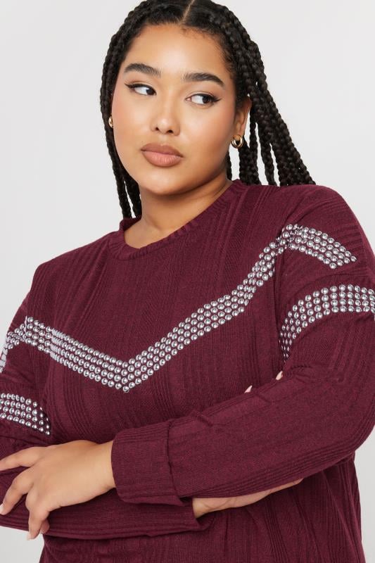 Evans YOURS Curve Burgundy Red Ribbed Chevron Stud Jumper