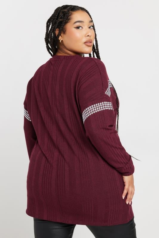 Evans YOURS Curve Burgundy Red Ribbed Chevron Stud Jumper