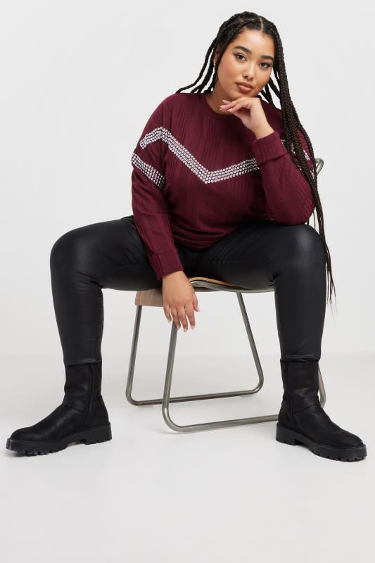 evans YOURS Curve Burgundy Red Ribbed Chevron Stud Jumper