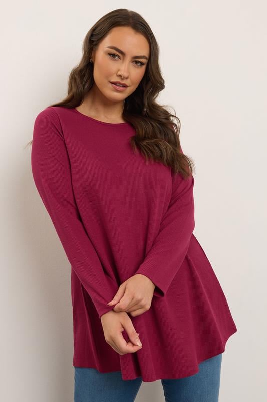 evans YOURS Curve Burgundy Red Ribbed Swing T-Shirt