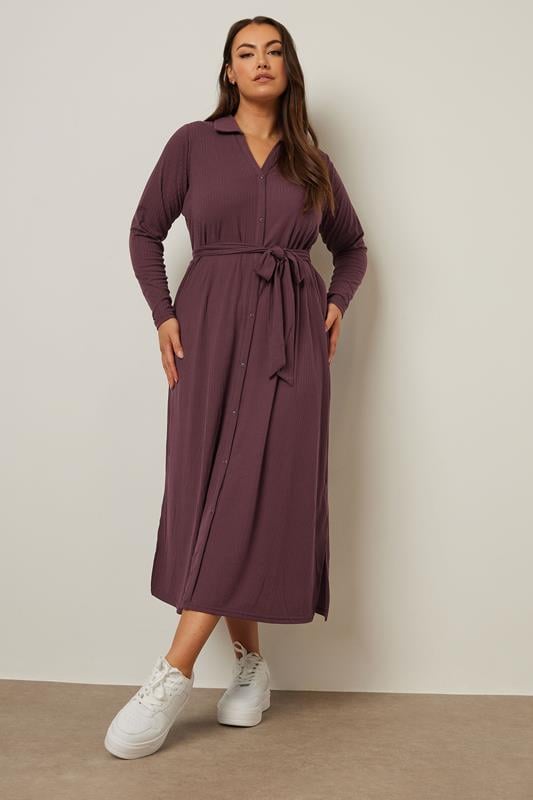 Evans YOURS Curve Burgundy Red Ribbed Tie Waist Shirt Dress