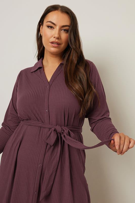 Evans YOURS Curve Burgundy Red Ribbed Tie Waist Shirt Dress