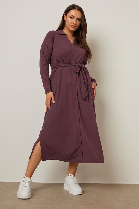 evans YOURS Curve Burgundy Red Ribbed Tie Waist Shirt Dress