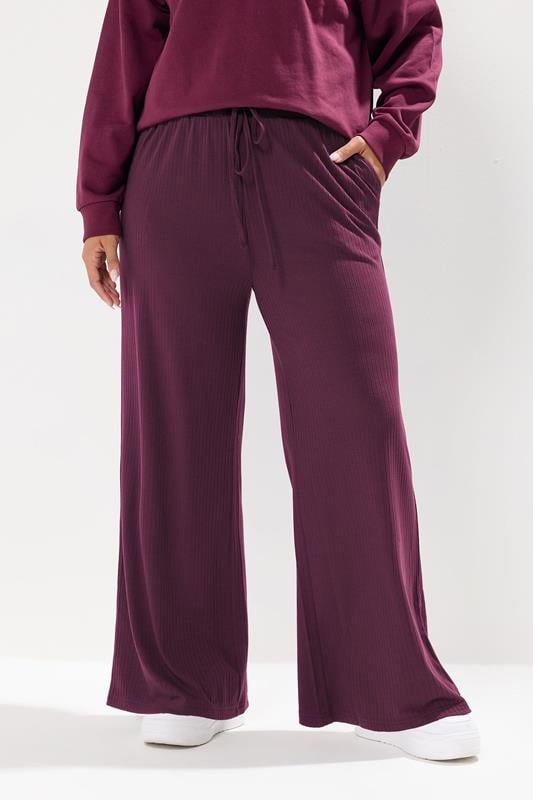 Evans YOURS Curve Burgundy Red Ribbed Wide Leg Trousers