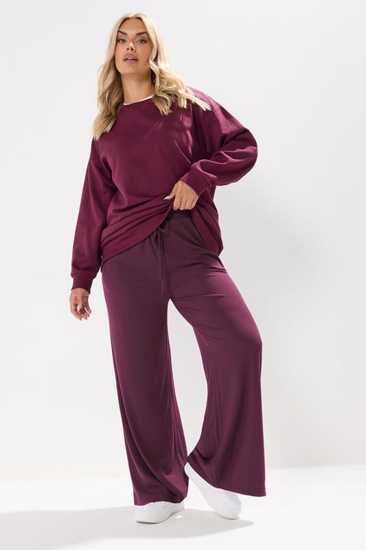 evans YOURS Curve Burgundy Red Ribbed Wide Leg Trousers