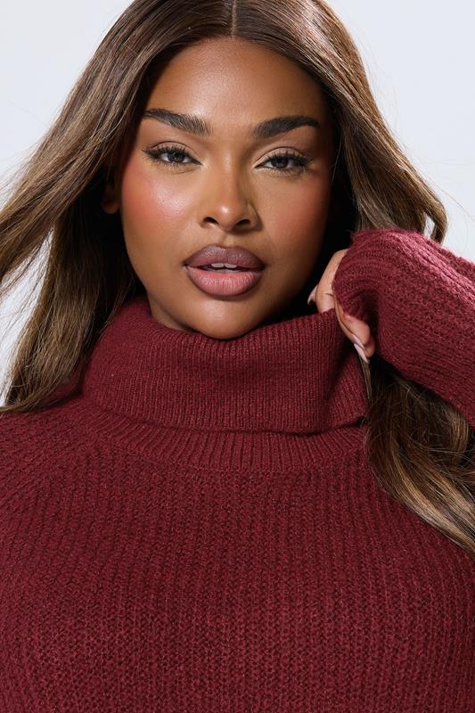 Evans YOURS Curve Burgundy Red Roll Neck Knitted Jumper