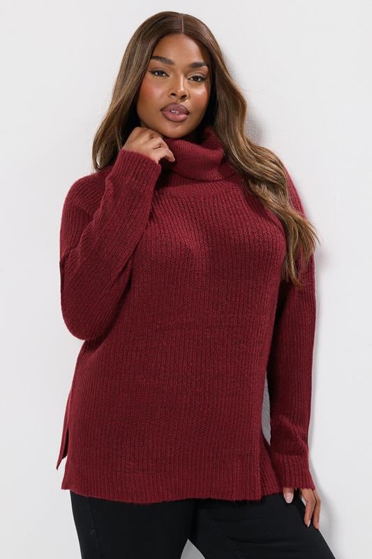 evans YOURS Curve Burgundy Red Roll Neck Knitted Jumper