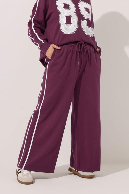 Evans YOURS Curve Burgundy Red Side Stripe Wide Leg Joggers