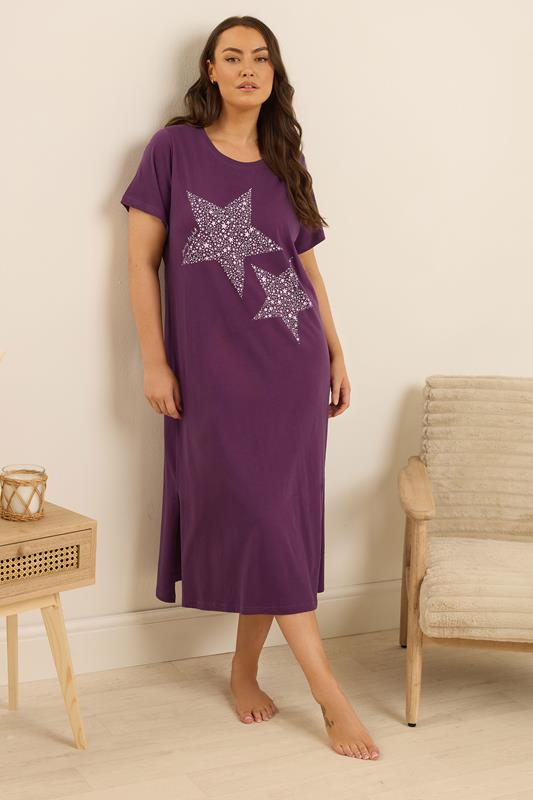 Evans YOURS Curve Burgundy Red 'Starry Night' Midaxi Nightdress