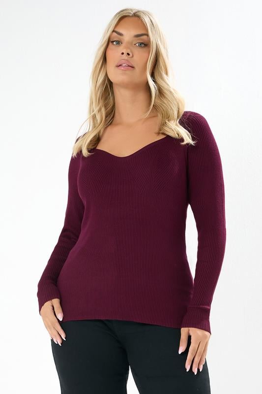 evans YOURS Curve Burgundy Red Sweetheart Neck Jumper