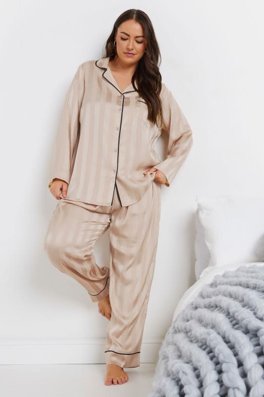 Evans YOURS Curve Champagne Gold Jacquard Stripe Satin Pyjama Set