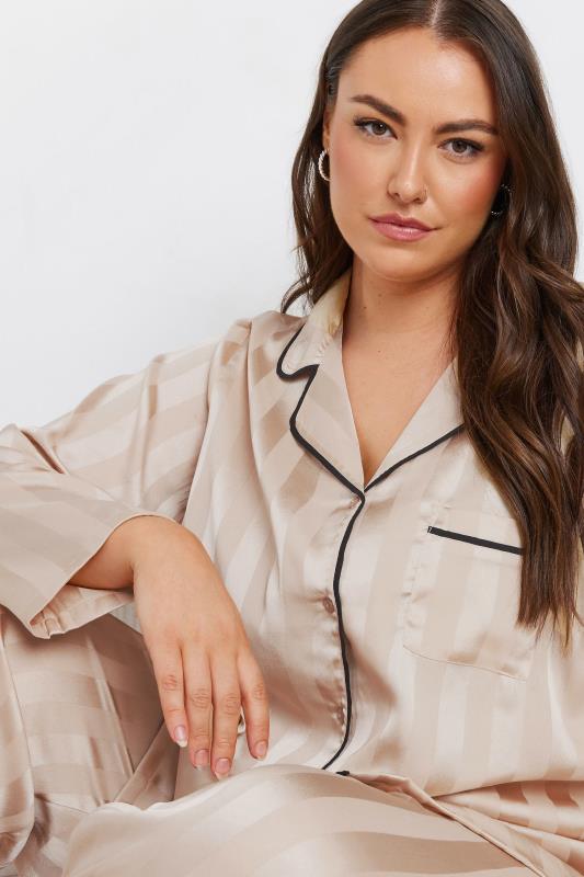 Evans YOURS Curve Champagne Gold Jacquard Stripe Satin Pyjama Set
