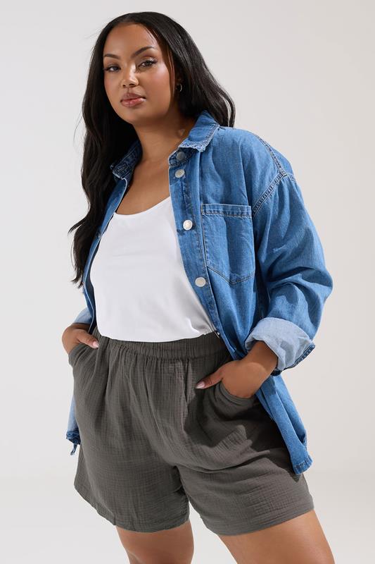 evans YOURS Curve Charcoal Grey Cotton Cheesecloth Shorts