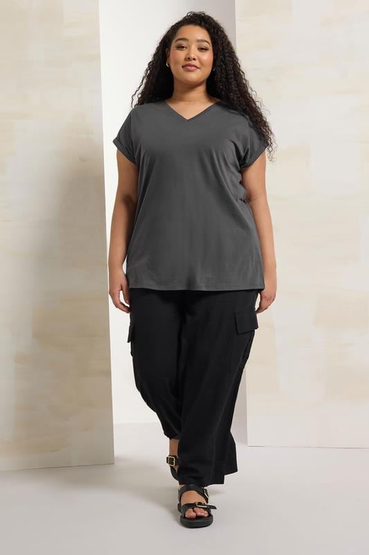 Evans YOURS Curve Charcoal Grey Cotton Rich V-Neck Top
