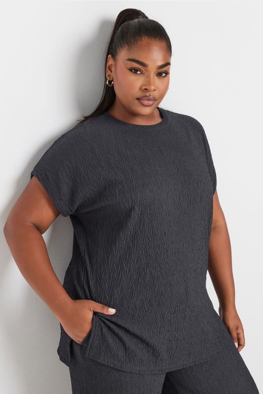 evans YOURS Curve Charcoal Grey Crinkle Plisse T-Shirt