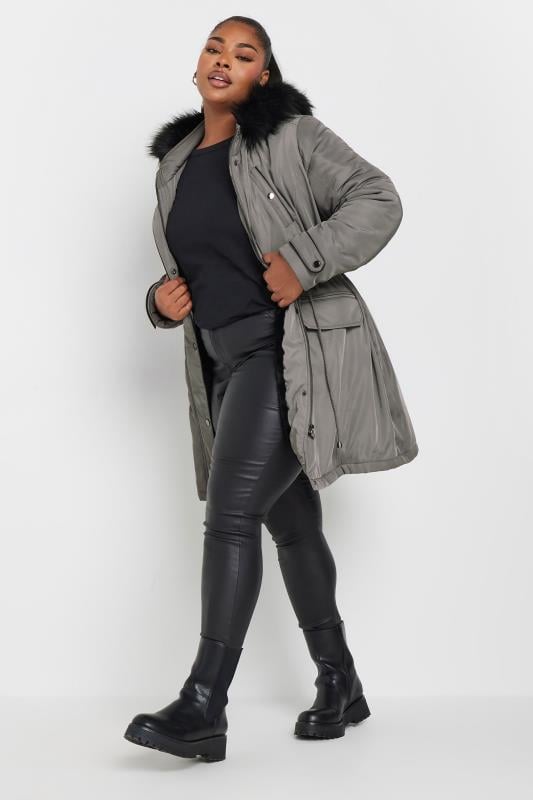 Evans YOURS Curve Charcoal Grey Faux Fur Trim Plush Parka Jacket
