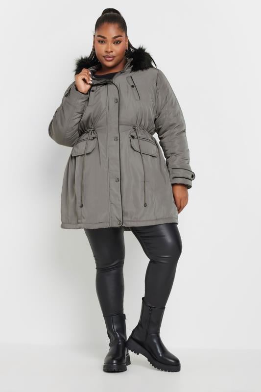 Evans YOURS Curve Charcoal Grey Faux Fur Trim Plush Parka Jacket
