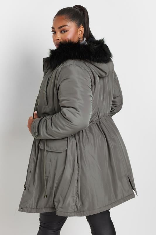 Evans YOURS Curve Charcoal Grey Faux Fur Trim Plush Parka Jacket