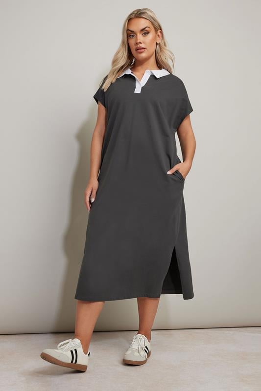 Evans YOURS Curve Charcoal Grey Jersey Collar Grown Sleeve Dress