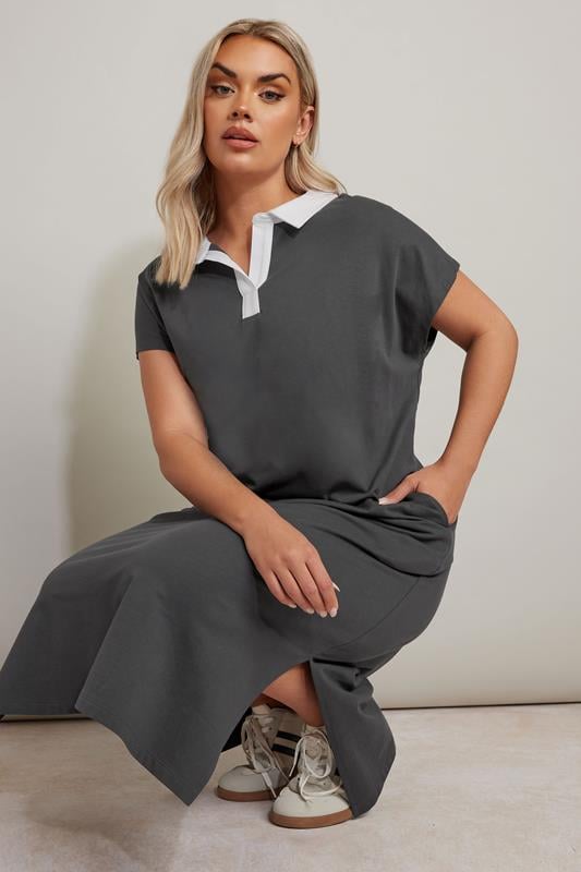 Evans YOURS Curve Charcoal Grey Jersey Collar Grown Sleeve Dress