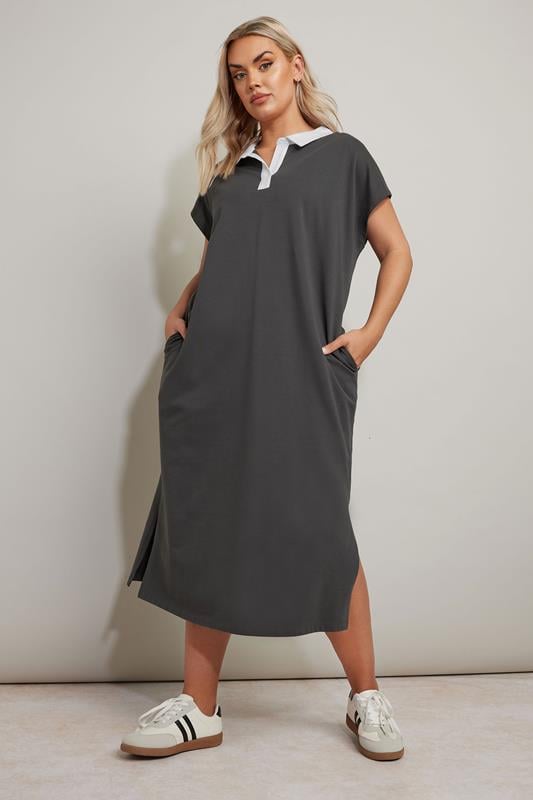 evans YOURS Curve Charcoal Grey Jersey Collar Grown Sleeve Dress