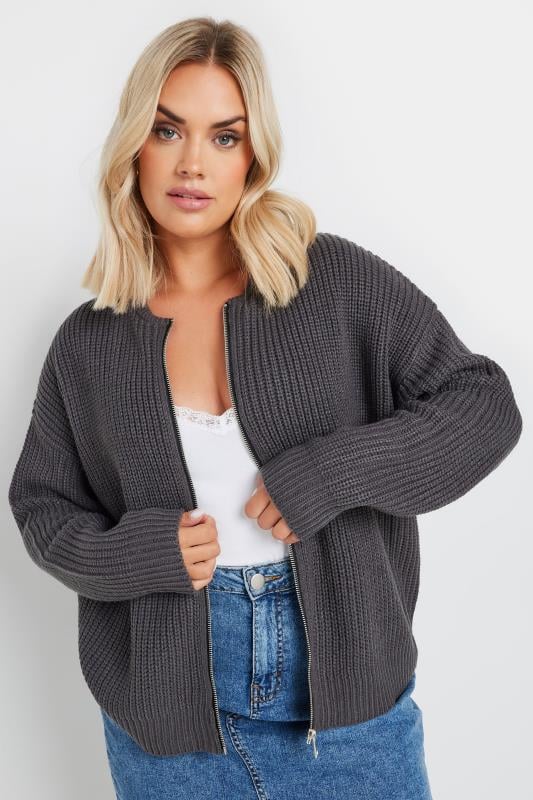 Evans YOURS Curve Charcoal Grey Knitted Bomber Cardigan