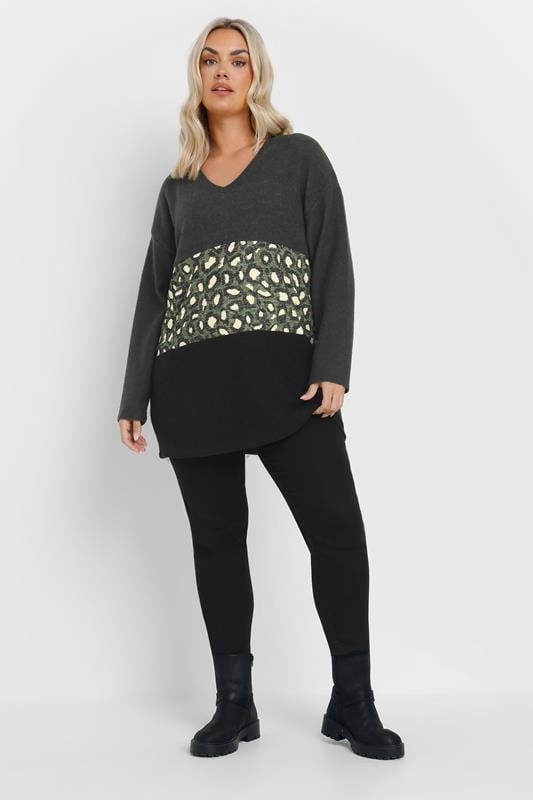 Evans YOURS Curve Charcoal Grey Leopard Print Colourblock Jumper
