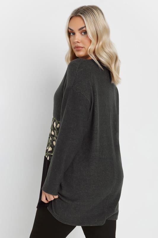 Evans YOURS Curve Charcoal Grey Leopard Print Colourblock Jumper