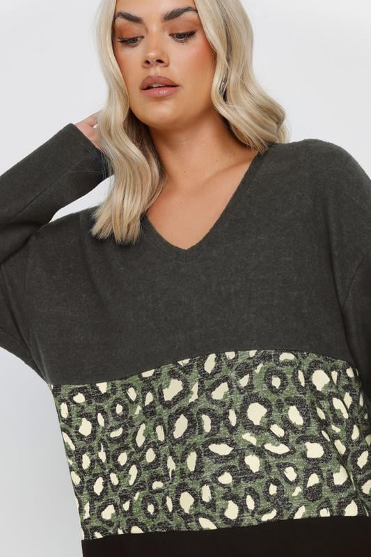 Evans YOURS Curve Charcoal Grey Leopard Print Colourblock Jumper