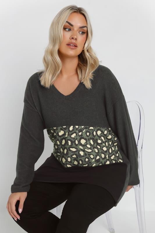 evans YOURS Curve Charcoal Grey Leopard Print Colourblock Jumper
