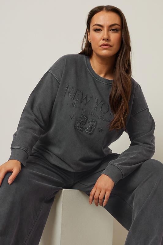 evans YOURS Curve Charcoal Grey 'New York' Embroidered Slogan Sweatshirt