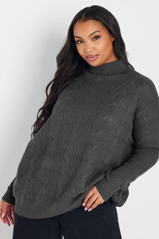 evans YOURS Curve Charcoal Grey Oversized Cable Knit Jumper