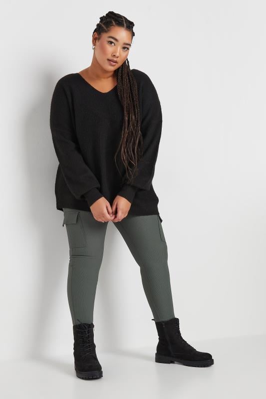 Evans YOURS Curve Charcoal Grey Ribbed Cargo Leggings