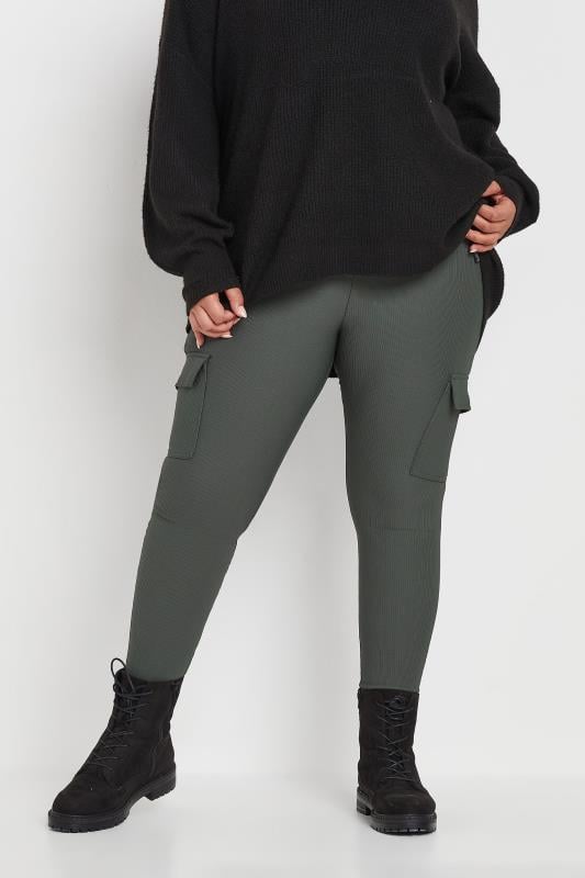 evans YOURS Curve Charcoal Grey Ribbed Cargo Leggings