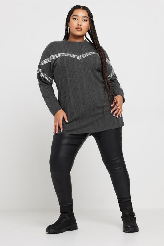 Evans YOURS Curve Charcoal Grey Ribbed Chevron Stud Jumper