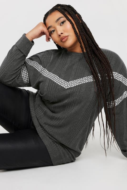 Evans YOURS Curve Charcoal Grey Ribbed Chevron Stud Jumper