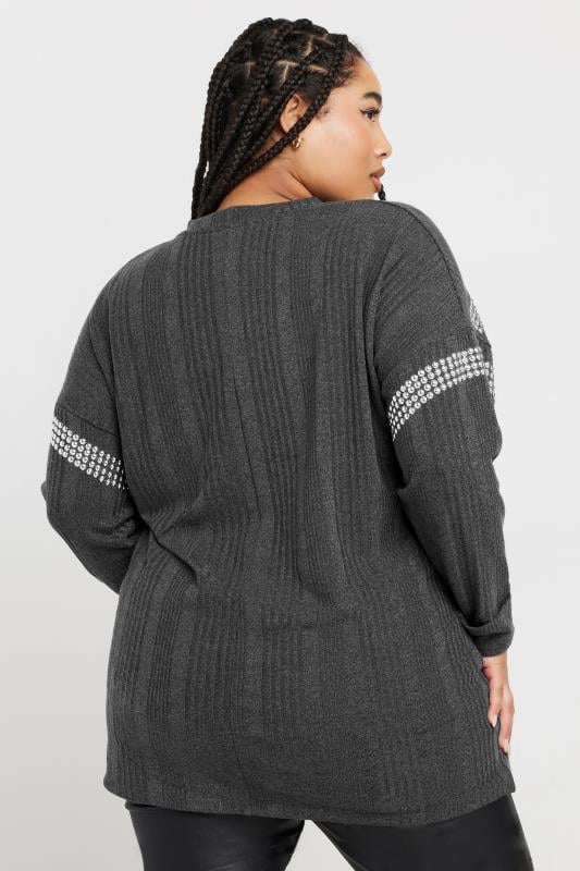 Evans YOURS Curve Charcoal Grey Ribbed Chevron Stud Jumper