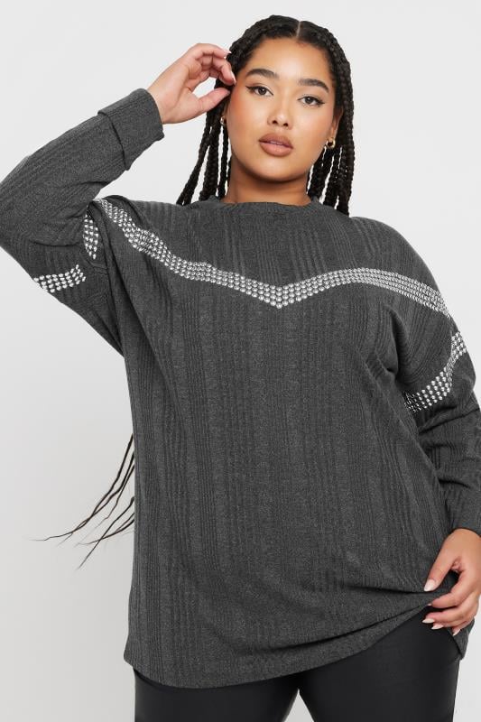 evans YOURS Curve Charcoal Grey Ribbed Chevron Stud Jumper
