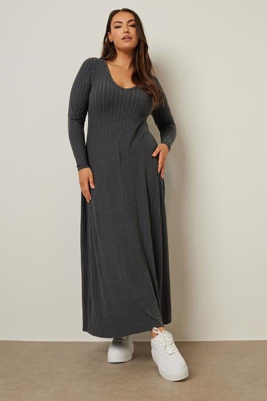 Evans YOURS Curve Charcoal Grey Ribbed Flare Maxi Dress