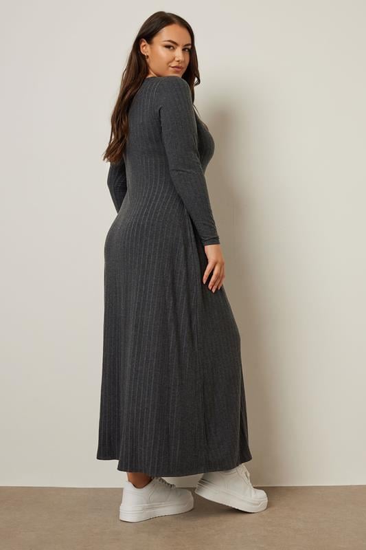 Evans YOURS Curve Charcoal Grey Ribbed Flare Maxi Dress