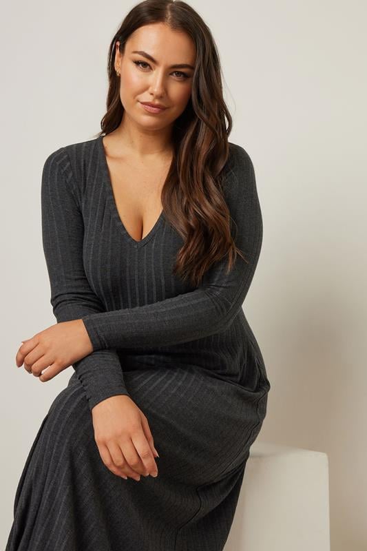 Evans YOURS Curve Charcoal Grey Ribbed Flare Maxi Dress