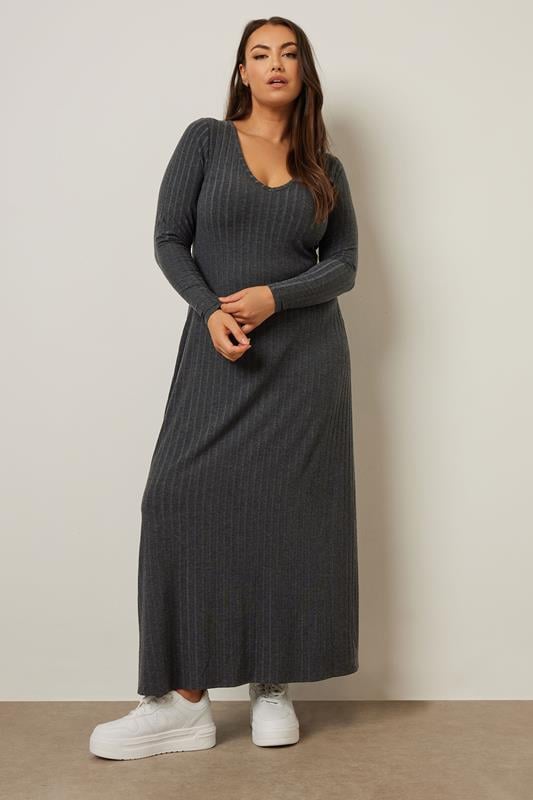 evans YOURS Curve Charcoal Grey Ribbed Flare Maxi Dress