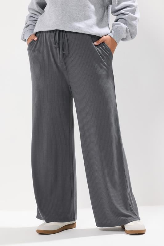 Evans YOURS Curve Charcoal Grey Ribbed Wide Leg Trousers