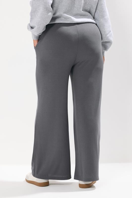 Evans YOURS Curve Charcoal Grey Ribbed Wide Leg Trousers