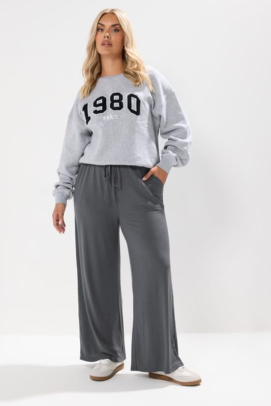 evans YOURS Curve Charcoal Grey Ribbed Wide Leg Trousers