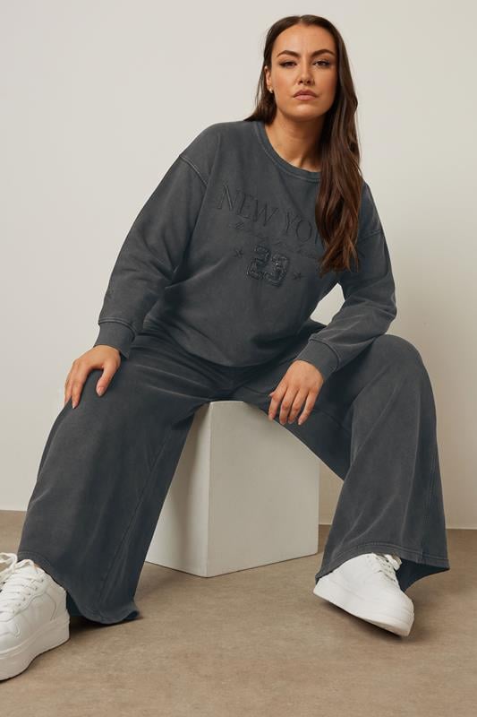 Evans YOURS Curve Charcoal Grey Washed Wide Leg Joggers